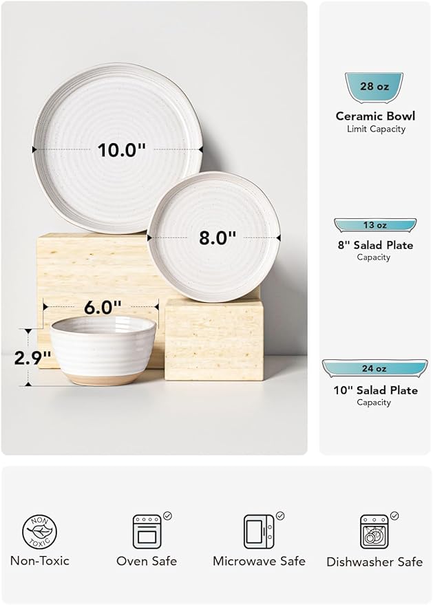LE TAUCI Dinnerware Sets 12 PCS, Ceramic Plates and Bowls Set, For Housewarming (28 oz Cereal Bowl+ 8" Salad Dish+10" Dinner Plate) x 4, Oven safe, Arctic White