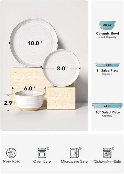 LE TAUCI Dinnerware Sets 12 PCS, Ceramic Plates and Bowls Set, For Housewarming (28 oz Cereal Bowl+ 8" Salad Dish+10" Dinner Plate) x 4, Oven safe, Arctic White
