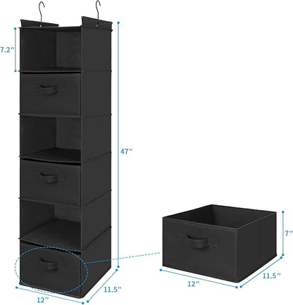 MAX Houser 6 Tier Shelf Hanging Closet Organizer, Closet Hanging Shelf with 2 Sturdy Hooks for Storage, Foldable (Black-D3)