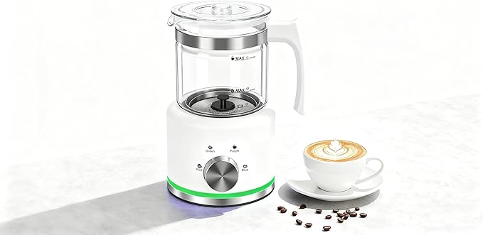 Milk Frother, 16.9 OZ Milk Frother and Steamer, 4 in 1 Electric Milk Frother Dishwasher Safe, Durable Silent Working Frother for Coffee, Hot and Cold Foam Maker, White Glass