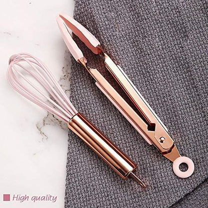 Collfa Rose Gold And Pink Kitchen Utensil Small Five-Piece Set Mini Silicone Kids Kitchen Tools Whisk Spatula Tongs Spoon And Slotted Spatula(Kids Baking Supplies)