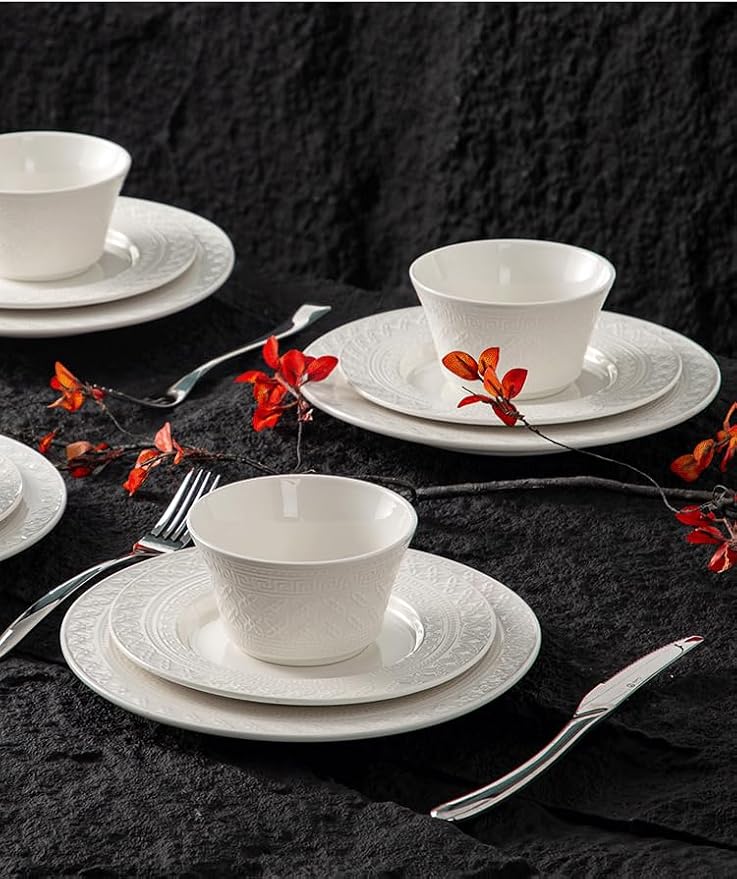 4-piece set, ceramic tableware set, relief plate and bowl set, microwave and