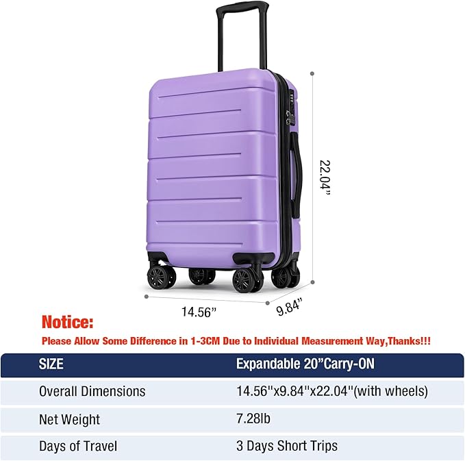 KYME Hardside Expandable Carry On Luggage 22x14x9 Airline Approved with TSA Lock Hardshell Carry On Suitcase with Wheels Small Travel Rolling 20 Inch Luggage with Cup Holder for Women Lt Purple