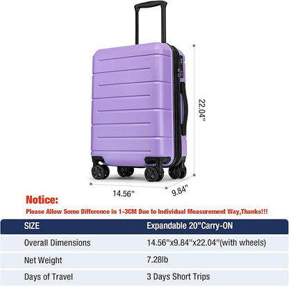 KYME Hardside Expandable Carry On Luggage 22x14x9 Airline Approved with TSA Lock Hardshell Carry On Suitcase with Wheels Small Travel Rolling 20 Inch Luggage with Cup Holder for Women Lt Purple