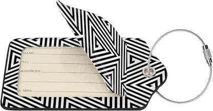 2 Pcs Black and White Abstract Patterns Luggage Tag for Suitcase, Seamless Geometric Triangles Birthday Gift, Steel Loop with Privacy Cover ID Label