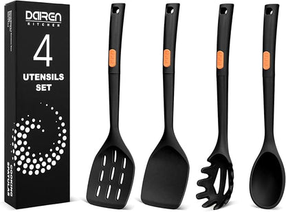 Silicone Spatulas and Spaghetti Spoons, 4 Pack Heat Resistant Full Silicone Cooking Utensils Set, Non Stick Large Kitchen Spatula Spoons for Cooking, Mixing, Serving, Draining
