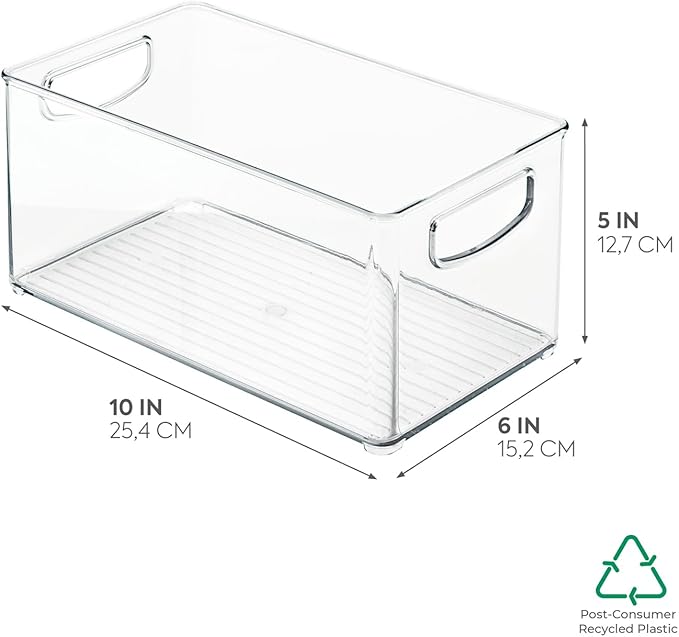 InterDesign iDesign Plastic Fridge and Freezer Organizer Bin with Integrated Handles – 10” x 5” x 6”, Clear (Pack of 4)