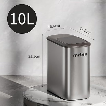 MRBIN Stainless Steel Motion Sensor Bathroom Trash Can, 10L / 2.6gal Slim Smart Toilet Waste Basket with Lid, Automatic Touchless Kitchen Bucket for Narrow Restroom, Vanity, Rv, Eclipse Grey