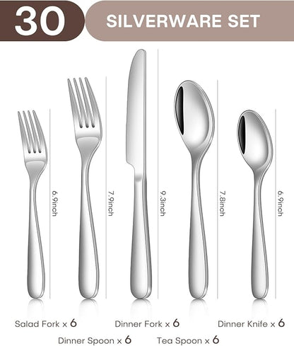 30-Piece Flatware Set for 6, Heavy Duty Knives Forks Spoons Silverware Set with Premium Mirror Polished Stainless Steel Utensils, Dishwasher Safe
