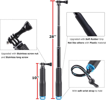 28” Extension Selfie Stick Compact Handle Grip Adjustable Pole Waterproof Monopod Accessories Compatible with GoPro Hero 13 12 11 10 9 8 7 6 Insta360 AKASO DJI Osmo Action Camera and More