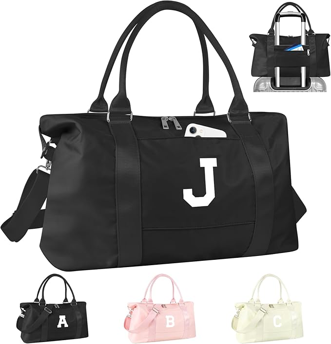 Initial Travel Duffel Bag Sports Gym Bag for Boys Teen Birthday Gifts,Black Personalized Weekender Bag Carry On Tote Bags for Men,Waterproof Overnight Luggage Bag Airplane Travel Essentials(Letter J)