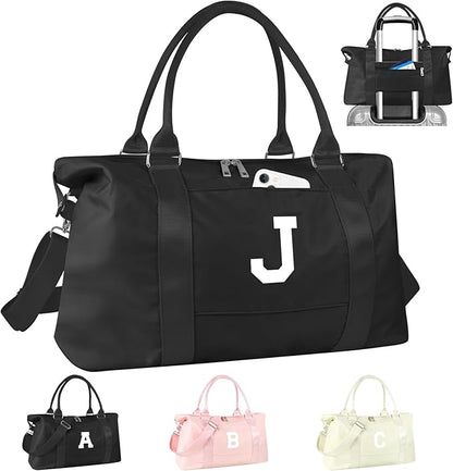 Initial Travel Duffel Bag Sports Gym Bag for Boys Teen Birthday Gifts,Black Personalized Weekender Bag Carry On Tote Bags for Men,Waterproof Overnight Luggage Bag Airplane Travel Essentials(Letter J)