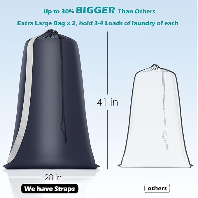 Heavy Duty Laundry Bag 2 Pack XL Nylon Laundry Bags with Straps, Washable Large Dirty Clothes Organizer with Drawstring Closure, Travel Washing Bag Fit a Laundry Hamper or Basket