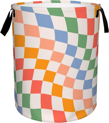 Checkered Laundry Basket,Colorful Retro Wavy Foldable Laundry Hamper Waterproof Oxford Cloth Tote Bag,Clothes Storage Bucket Decorative Toy Organizer For Bathroom Bedroom 16" x 20"
