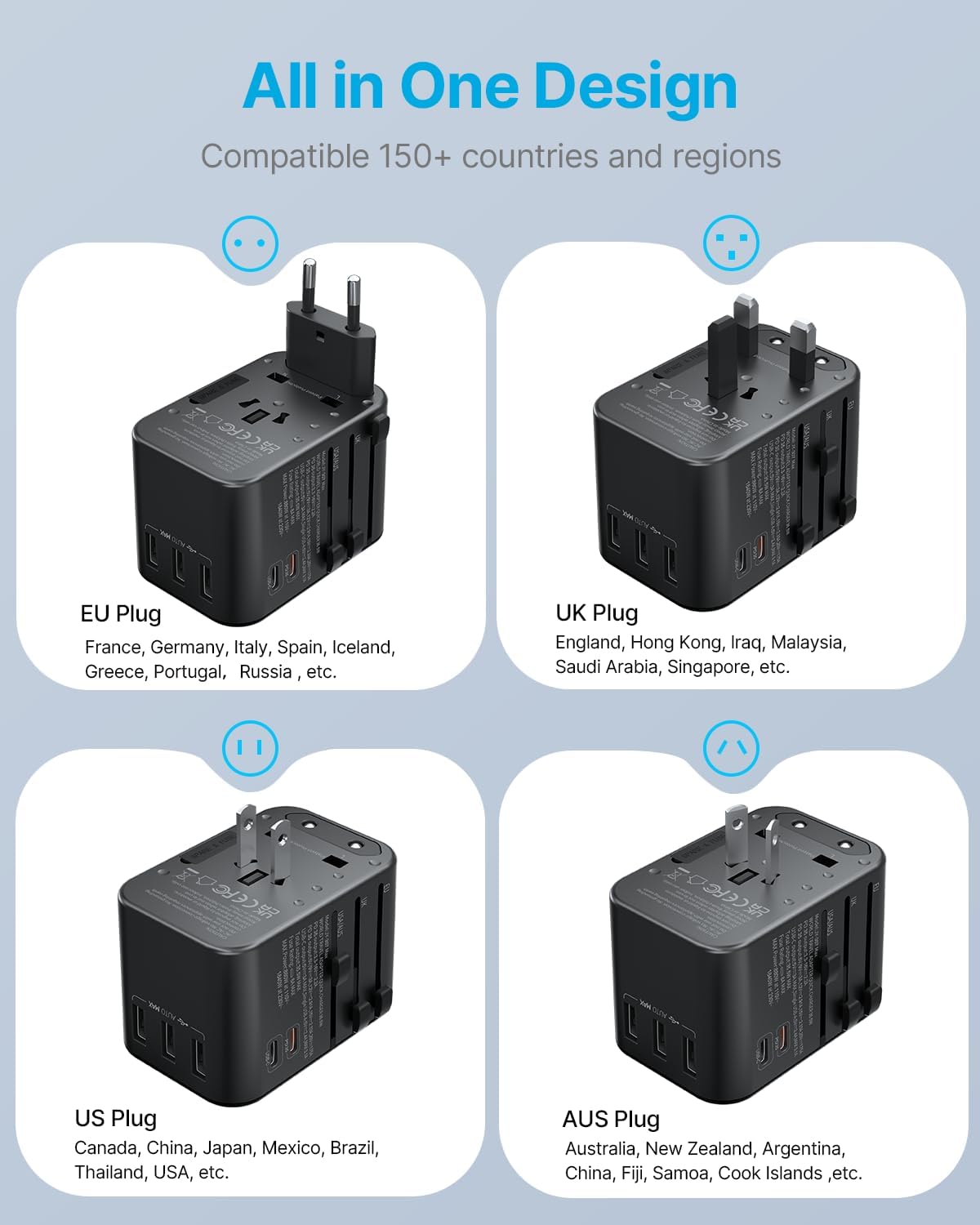 Universal Travel Adapter, VINTAR 35.5W International Power Adapter with 3 USB A QC and 2 USB C PD, All in One Plug Adapter Worldwide Travel Essentials for EU/UK/USA/AUS(Type C/G/A/I), Black