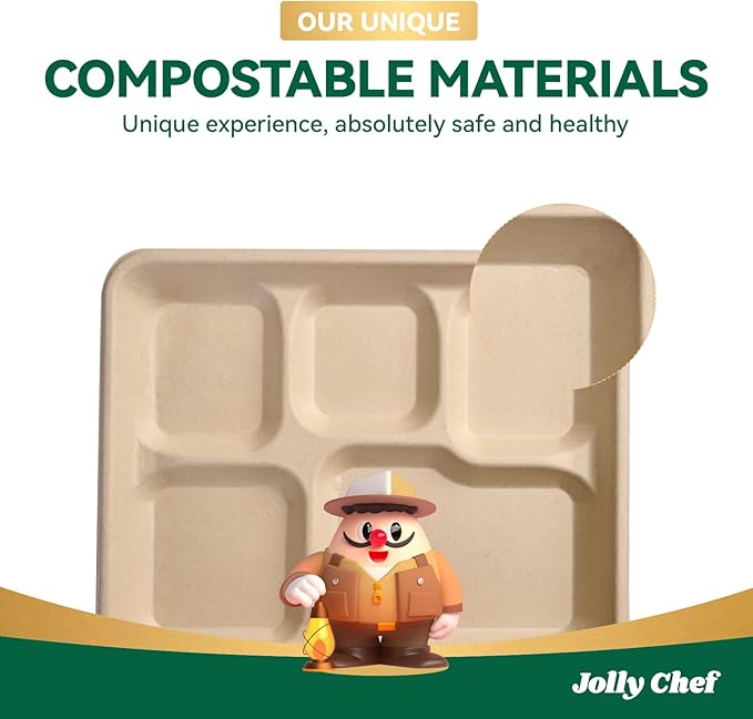 JOLLY CHEF Compostable 𝟱 Compartment Paper Plates 10*8.25*1 𝗶𝗻𝗰𝗵 [𝟱𝟬𝟬 𝗣𝗮𝗰𝗸] Small Heavy Duty Divided Disposable Eco-Friendly Biodegradable Food Trays for School Thanksgiving Day(Brown)