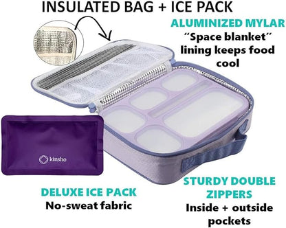Bento Box with Bag and Ice Pack Set for Kids. Lunch Boxes Snack Containers for Boys Girls Adults. 6 Compartments, Leak-proof Portion Container Boxes Insulated Bags for School Lunches, BPA Free, Purple