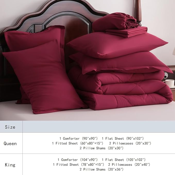 NTBAY Queen Comforter Set with Sheets, 7 Pieces Soft and Breathable Queen Bedding Set, Bed in a Bag, Down Alternative Comforter Set Solid Color All Season, Queen Bedding Set, Wine Red