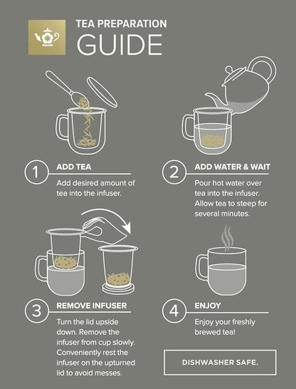 Teabloom Heatproof and Insulated Borosilicate Glass Tea Cup with Infuser for Whole-Leaf Loose Tea – Tea Purist's Choice – Wellbeing Double-Walled Infusion Mug with Lid (8 oz)