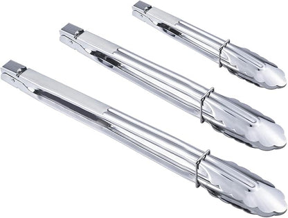 Stainless Steel Spring Locking Food Tong Set Utility Metal Tongs for Serving Cooking Grilling and Barbeque (9 12 14 Inch 3 Pieces)