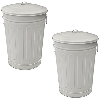 Plexon 13-Gallon Galvanized Steel Round Trash Can with Lid, Indoor and Outdoor Use, Durable Construction, Retro Design, Stylish Beige 2 Pack