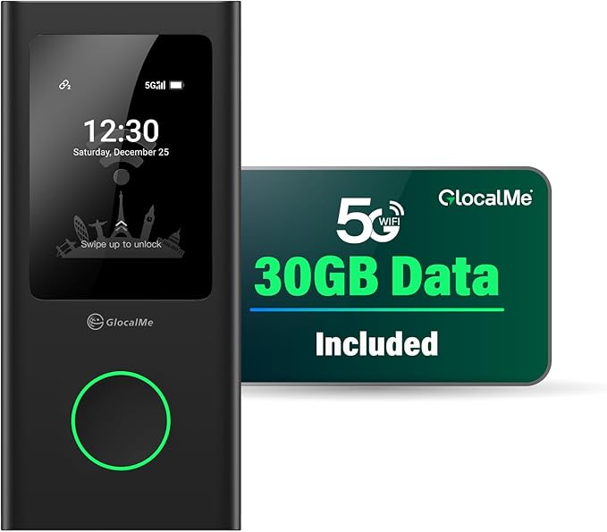 GlocalMe Numen Air 5G Hotspot with 30GB US/CA/MX Data 60Days, Portable WiFi Hotspot for Travel, Ultra High Speed Mobile Hotspot Device with Touch Screen, No SIM Card Required, 16 Connected Devices