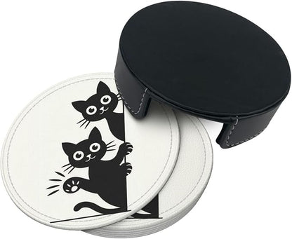 Cute Cats Coasters for Drinks Set of 6, Round Leather Coaster