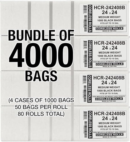 Aluf Plastics High Density Trash Bags, 10 Gallon, 4000 Count, 8 Micron (eq), 24" x 24", Black, for Bathroom, Office, Industrial, Commercial, Janitorial, Municipal, Recycling