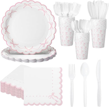 Sieral 144 Pcs Coquette Birthday Party Decor, Scalloped Paper Plates, Napkins