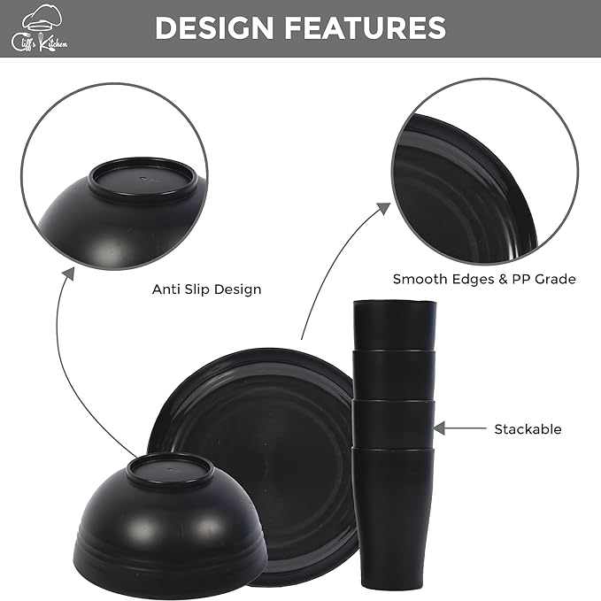 32 Pcs Wheat Straw Dinnerware Sets-Black Dinnerware Sets For 8- Unbreakable Outdoor Camping Dishes With Large Plates, Bowl And Cup Set-BPA Free,Lightweight,Microwave Safe Wheat Straw Plates And Bowls