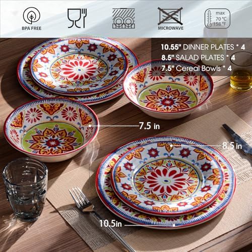 Premium Melamine Dinnerware Sets for 4, 12-Piece Plates and Bowls Sets, Red