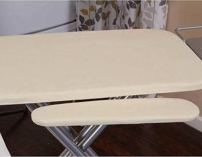 Household Essentials Wide Mega Ironing Board 4-Leg, Steel Top Pressing Station, Heat-Resistant Fiber Pad and Cotton Cover, Includes Sleeve Board and Iron Rest with Hanger Bar, Silver Frame