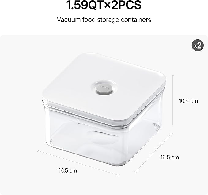 VAKUEN Premium Airtight Food Storage Containers, Square 2PC/Set(1.48qt/1.5Lx2pcs), Smart One-Click Seal Lid, No Hinges, 100% Leak Proof, BPA-FREE, Dishwasher, Freezer & Microwave Safe