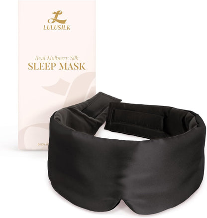 LULUSILK Reversible Mulberry Silk Sleep Mask for Women and Men, Adjustable Real Silk Eye Mask for Sleeping, Black, Pack of 1