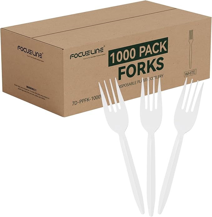 FOCUSLINE 1000 Count White Plastic Forks, Disposable Forks Bulk, Heat Resistant Plastic Silverware for Take out Restaurants, Family Gatherings, Outdoor Activities