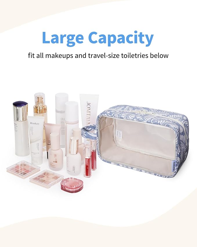 Narwey Clear Toiletry Bags for Traveling Women Men, Clear Travel Bags for Toiletries Makeup Bag Cosmetic Bag with Zipper, Make Up Organizer, Skincare Bag (Blue Leaf)