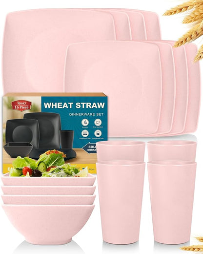 Teivio 16-piece Plastic Wheat Straw Square Dinnerware Set