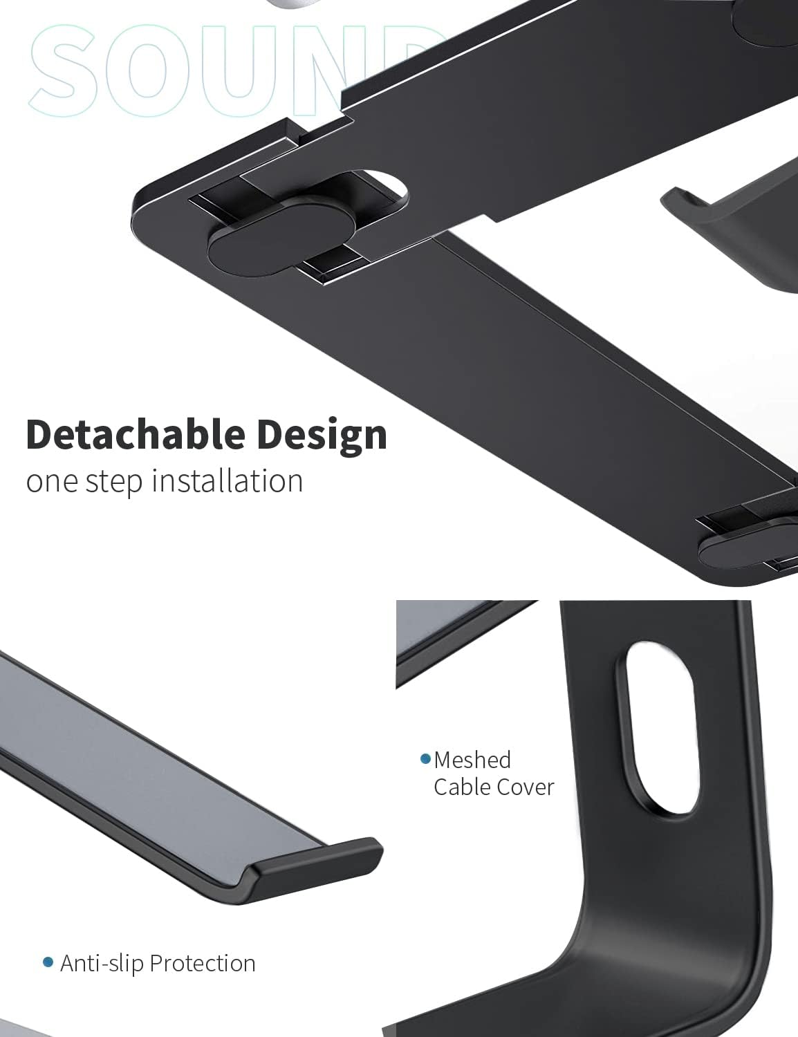 SOUNDANCE Laptop Stand, Aluminum Computer Riser, Ergonomic Laptops Elevator for Desk, Metal Holder Compatible with 10 to 15.6 Inches Notebook Computer, Black
