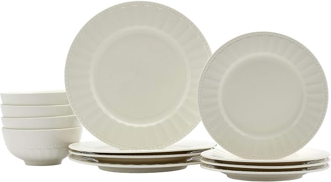 Tabletops Gallery Embossed Bone White Porcelain Round Dinnerware Collection-