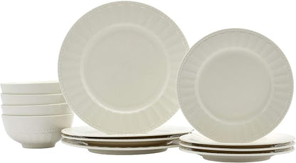 Tabletops Gallery Embossed Bone White Porcelain Round Dinnerware Collection-