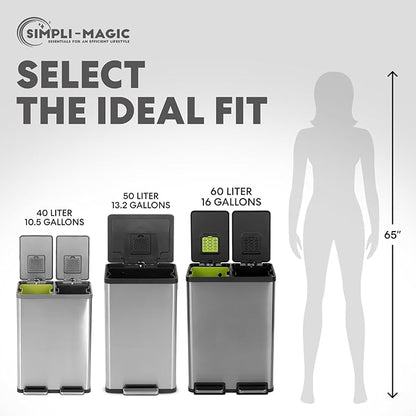 SIMPLI-MAGIC 16 Gallon (60L) Elegant Black Step Trash Can – Dual Compartment Kitchen Garbage Can with Waste & Recycling Bins – Slow-Close Lid, Odor Control, Hands-Free, Premium Stainless Steel
