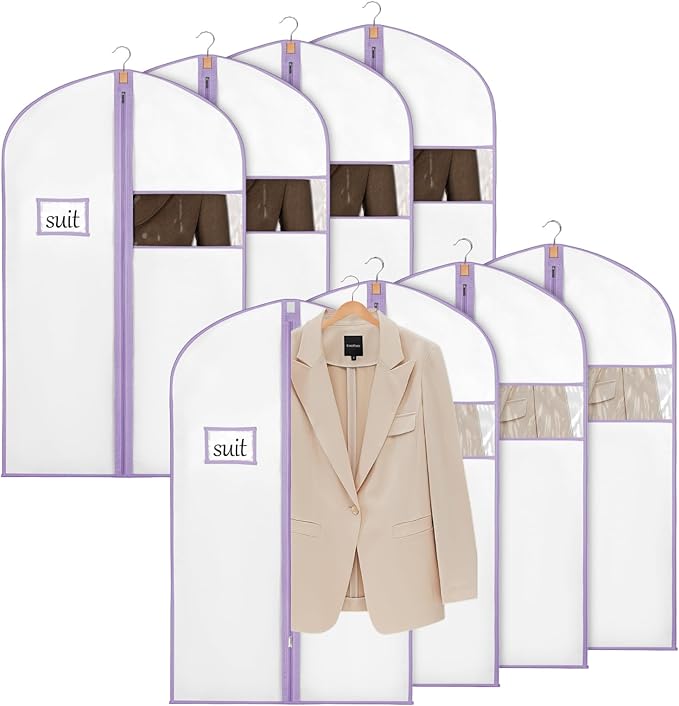 Syeeiex 40" Suit Bag(Set of 8), Garment Bags for Hanging Clothes, Suit Bags for Closet Storage, Garment Bags for Suits, T-shirts, Jackets, Coats, Business Wear(White & Purple)