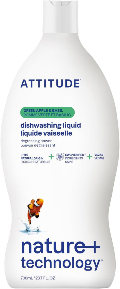 ATTITUDE Dish Soap, EWG Verified, Plant-Based & Vegan Dishwashing Liquid, Naturally Derived, Green Apple and Basil Scent, 23.7 Fl Oz