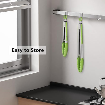 Premium Silicone Set of 2 Cooking Tongs, 9-Inch & 12-Inch BPA Free Non-Stick Stainless Steel BBQ Grilling Locking Food Tong, Light Green
