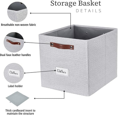 DECOMOMO Storage Cubes, 13x13x13 Storage Cube Bins with Labels, Fabric Organizer Bins (13" / 6pcs, Light Texture Grey)