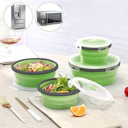 Collapsible Bowls For Camping, Set of 4 Silicone Food Storage Containers with Lids, Rv storage and organization, Rv Kitchen Accessories, BPA Free, Microwavable, Freezer, Dishwasher Safe (Round-Green)