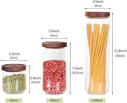 Glass Canisters Set of 5 for the kitchen, Glass Storage Container jars with Airtight Acacia Lid for Coffee Beans, Flour, Sugar, Rice and Spaghetti and etc