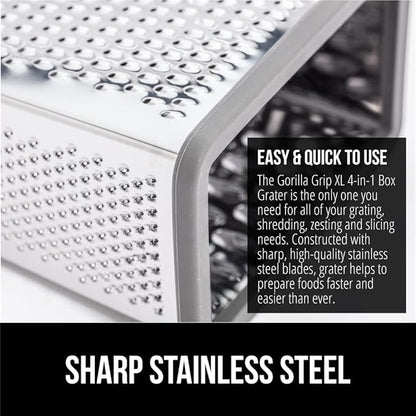 GORILLA GRIP 4-Sided 100% BPA-Free Cheese Grater With Container, Stainless Steel XL Box Graters, Parmesan Shredder, Grate Cheeses, Shred Veggies, Slip Resistant Handle, Dishwasher Safe Zester, Gray
