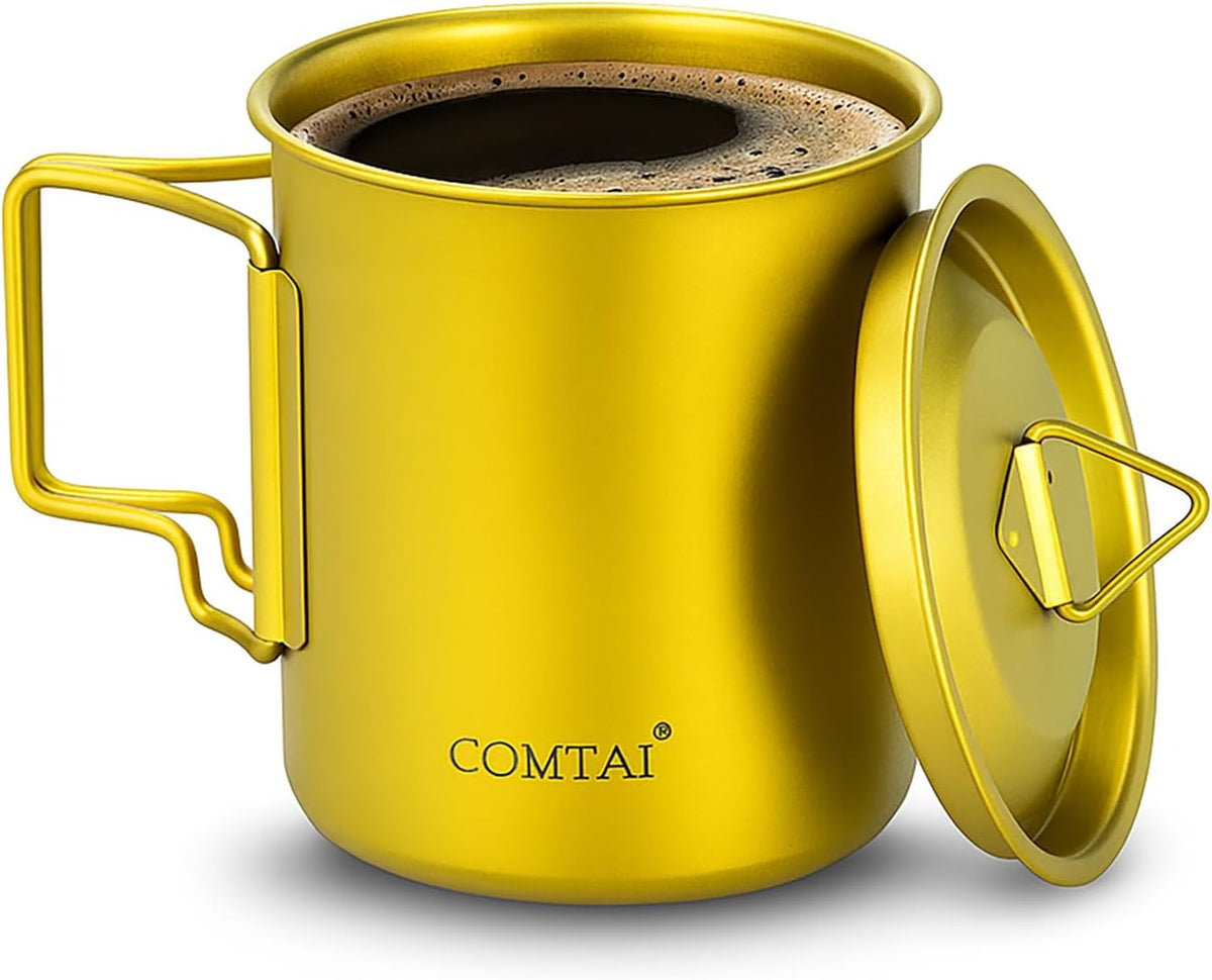 Titanium Camping Pot Mug 15oz (420ml) with Lid and Foldable Handle – Ultralight Camping Cup for Hiking, Backpacking, Outdoor Cooking, Yellow