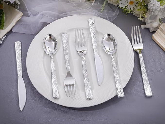 KIRE 400PCS Silver Plastic Silverware - Disposable Silverware, Heavy Duty Plastic Silverware Set Include 200 Silver Forks,100 Silver Knives,100 Silver Spoons for Party,Wedding for Christmas